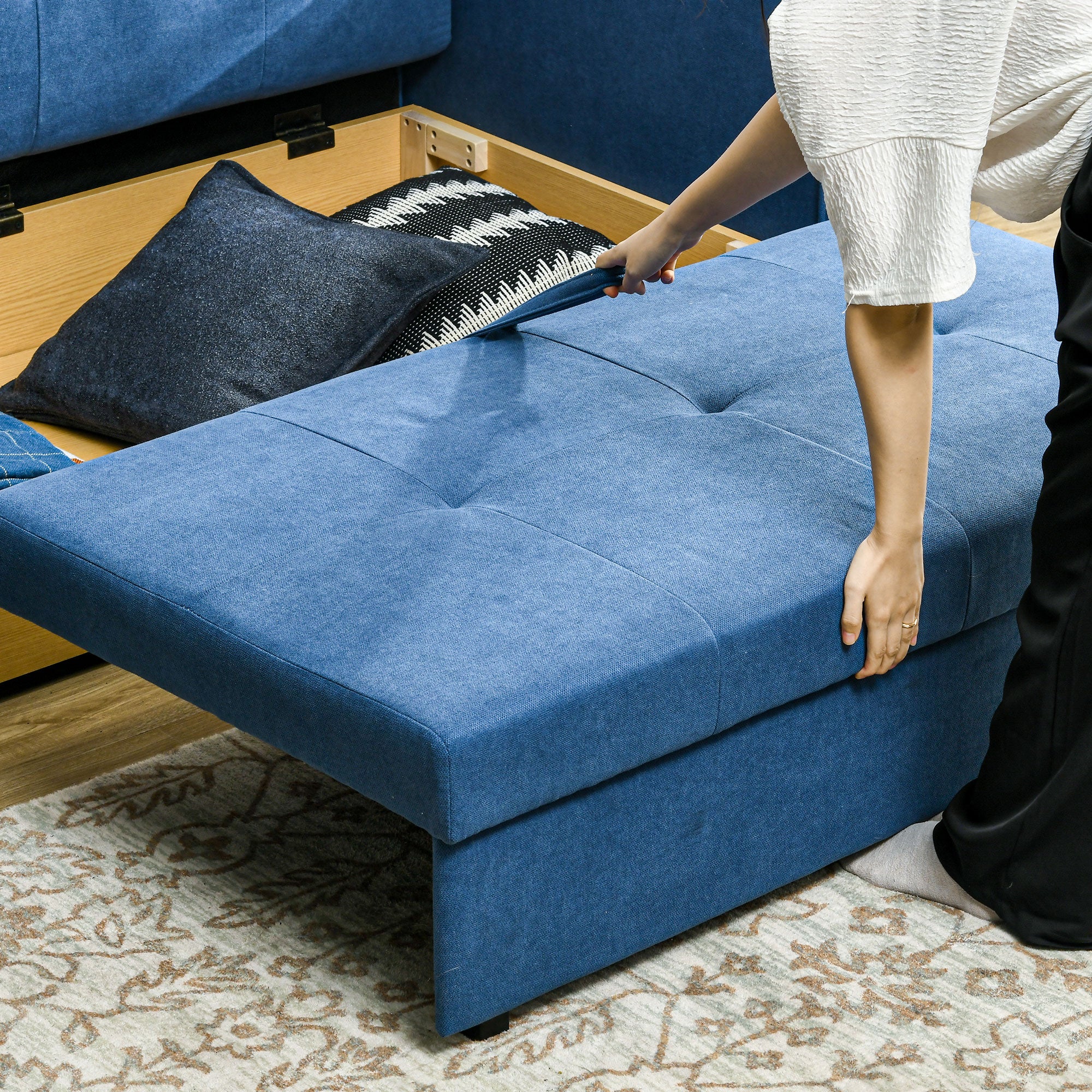 HOMCOM 2 Seater Sofa Bed, Convertible Bed Settee, Modern Velvet Loveseat Sofa Couch with 2 Cushions, Hidden Storage for Living Room, Guest Room, Deep Blue